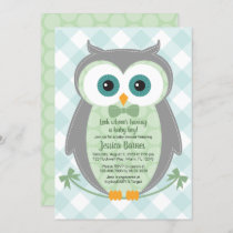 Boy baby shower invitation woodland owl green gray