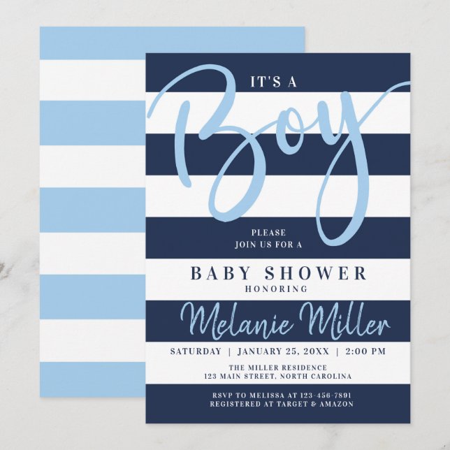 Boy Baby Shower Invitations, Navy Blue Stripes Invitation (Front/Back)