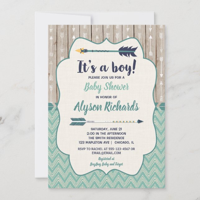 Boy baby shower invitations, tribal arrow teal invitation (Front)