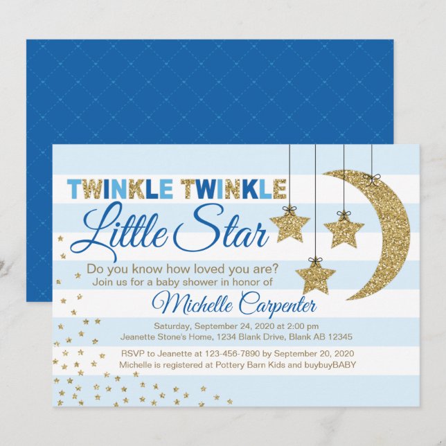 Boy baby shower invite twinkle little star blue (Front/Back)