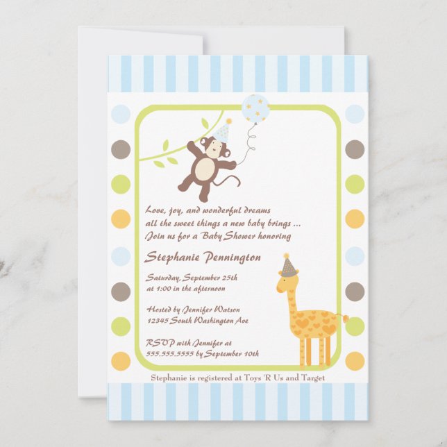 Boy baby shower jungle animals party invitation (Front)