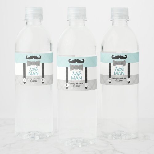 Boy baby shower little man mustache mint gray water bottle label