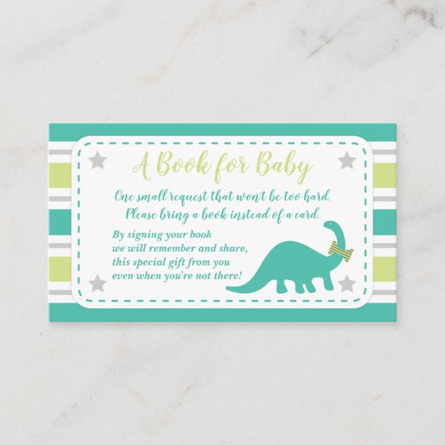 Boy Baby Shower Mint Dinosaur Bring A Book Card (Front)