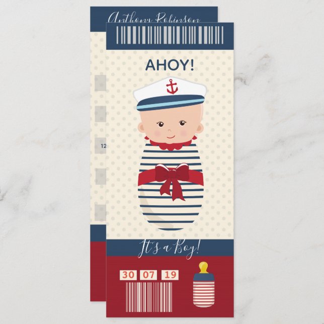 Boy Baby Shower Nautical Boarding Pass Ticket Invitation (Front/Back)