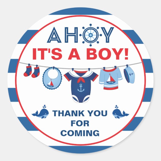 Boy Baby Shower Nautical Classic Round Sticker (Front)