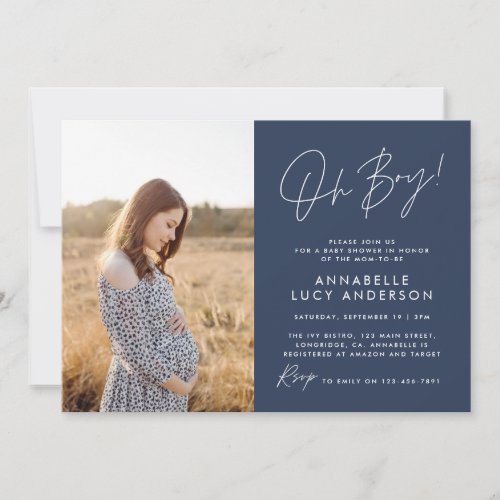 Boy baby shower navy blue elegant  photo invitation