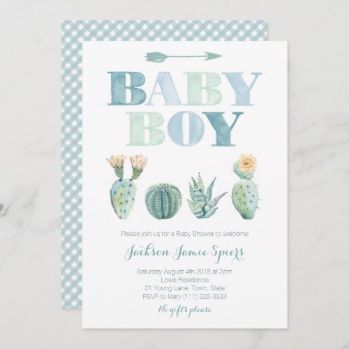 Boy Baby Shower Party with watercolor cacti Invitation