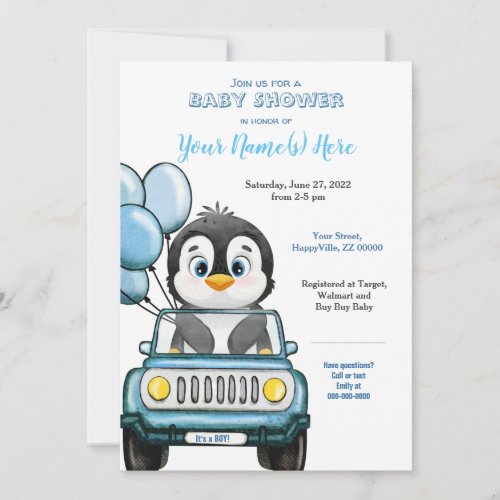 Boy Baby Shower Penguin in Car Invitation