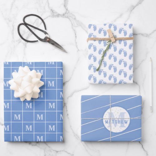 Boy Baby Shower Personalized Monogram Footprint  Wrapping Paper Sheets