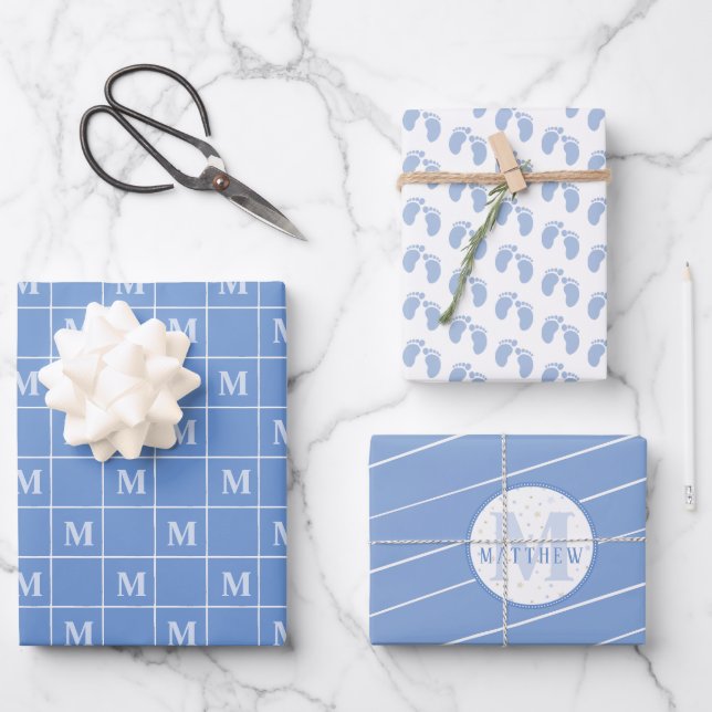 Boy Baby Shower Personalized Monogram Footprint  Wrapping Paper Sheets (Front)