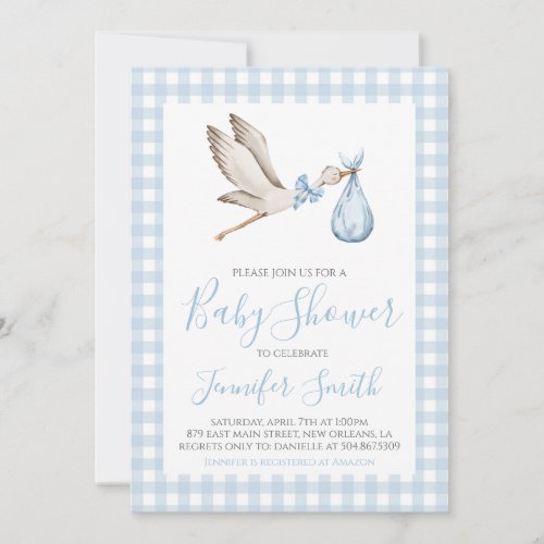 Boy Baby Shower Preppy Southern Blue Stork Invitation