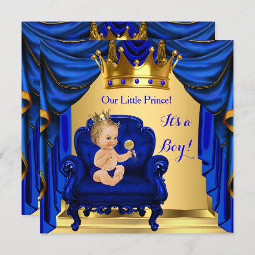 Boy Baby Shower Prince Royal Blue Gold Blonde Invitation