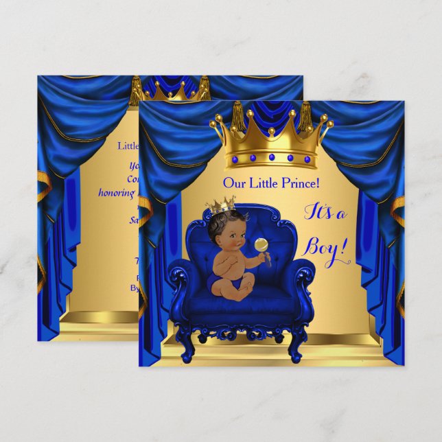 Boy Baby Shower Prince Royal Blue Gold Dark Skin Invitation (Front/Back)