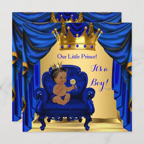 Boy Baby Shower Prince Royal Blue Gold Dark Skin Invitation