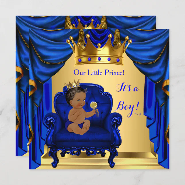 Boy Baby Shower Prince Royal Blue Gold Dark Skin Invitation | Zazzle