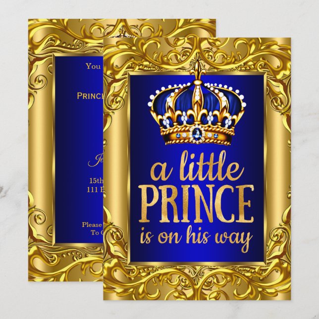 Boy Baby Shower Royal Prince blue gold Invitation (Front/Back)