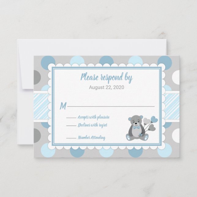 Boy baby shower RSVP card blue gray teddy bear (Front)