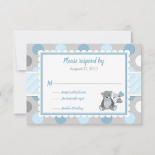 Boy baby shower RSVP card blue gray teddy bear