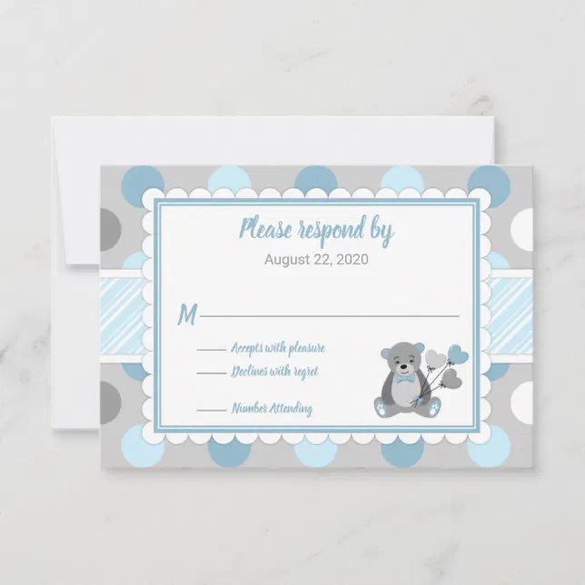 Boy baby shower RSVP card blue gray teddy bear | Zazzle