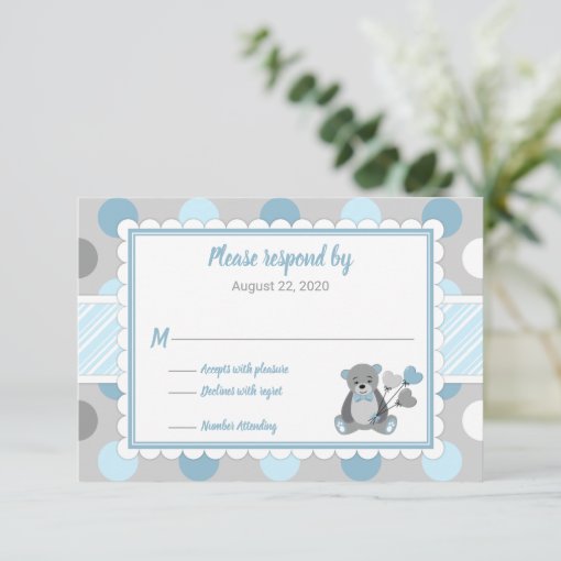 Boy baby shower RSVP card blue gray teddy bear | Zazzle