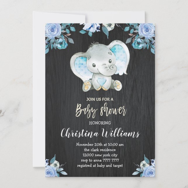 Boy Baby Shower Rustic Blue Flowers Elephant Invitation (Front)