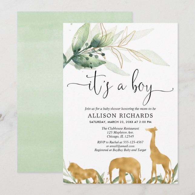 Boy baby shower, safari jungle gold animals invitation (Front/Back)