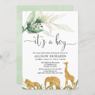 Boy baby shower, safari jungle gold animals invitation