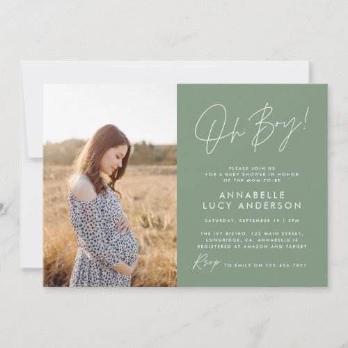 Boy baby shower script green elegant  photo invitation