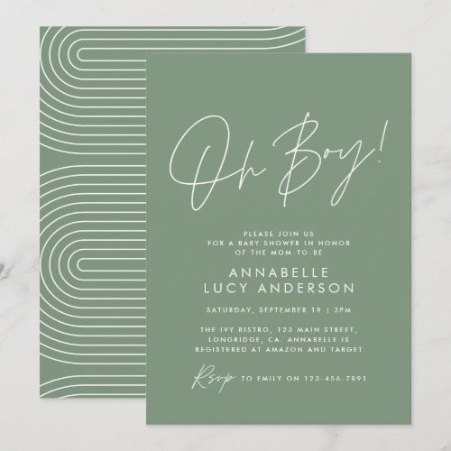 Boy baby shower script modern sage green elegant