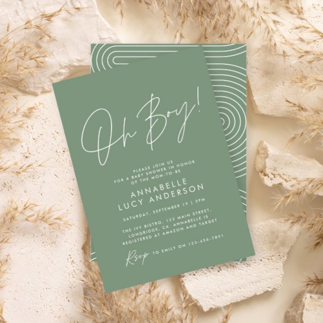 Boy baby shower script modern sage green elegant invitation (Creator Uploaded)