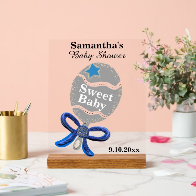 Boy Baby Shower Silver Blue Rattle  Acrylic Sign (Wedding)