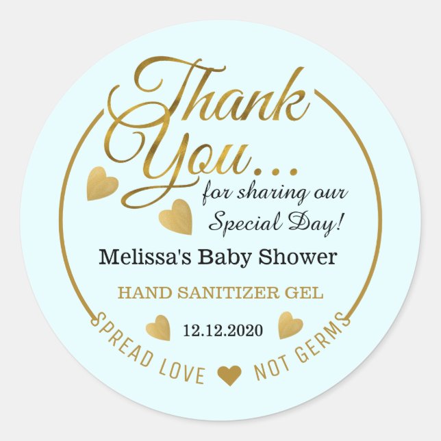 Boy Baby Shower Spread Love Sanitizer Favor Blue Classic Round Sticker (Front)