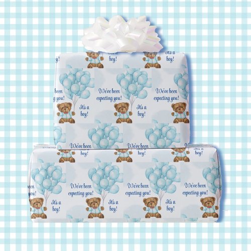 Boy Baby Shower Teddy Bear Blue Balloons Add Name Wrapping Paper