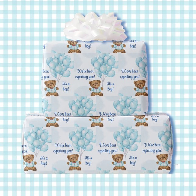 Boy Baby Shower Teddy Bear Blue Balloons Add Name Wrapping Paper (Creator Uploaded)