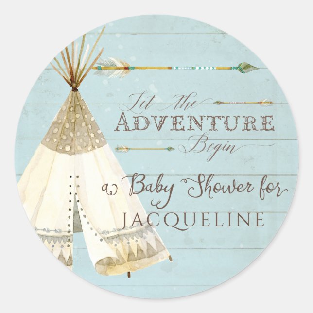 Boy Baby Shower Teepee BOHO Bohemian Adventure Classic Round Sticker (Front)