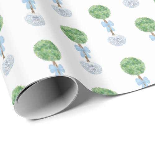 Boy Baby Shower Topiary Bow Blue White Planter Wrapping Paper