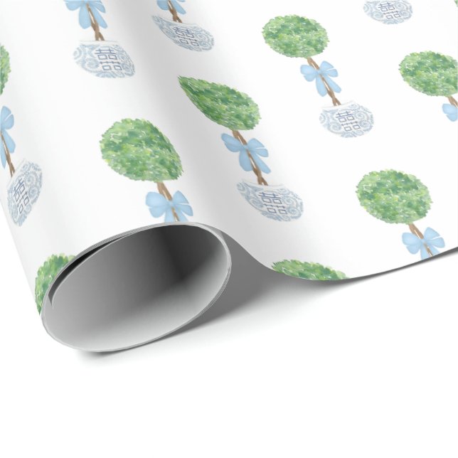 Boy Baby Shower Topiary Bow Blue White Planter Wrapping Paper (Roll Corner)