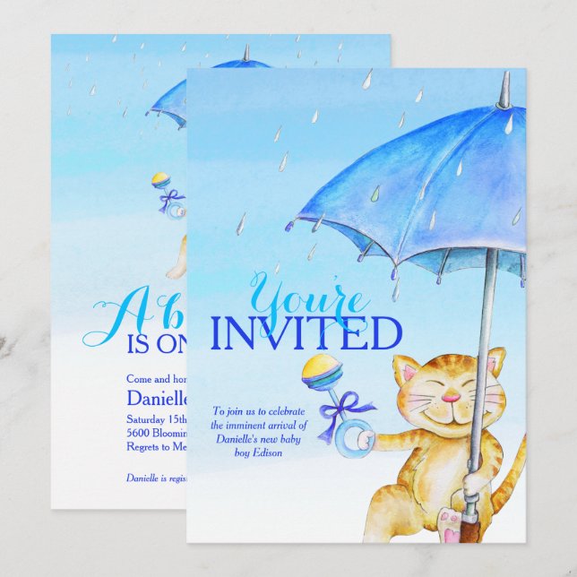 Boy baby shower umbrella whimsical cat invitations (Front/Back)