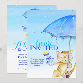 Boy baby shower umbrella whimsical cat invitations