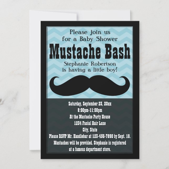 Boy Baby Shower Vintage Blue Mustache Bash Invitation (Front)