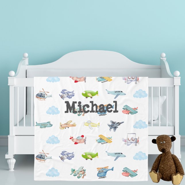 Boy Baby Shower Watercolor Airplanes Clouds Custom Fleece Blanket (Creator Uploaded)