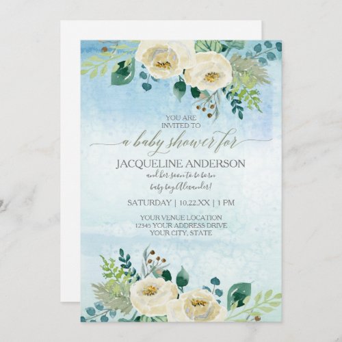 Boy Baby Shower Watercolor Blue White Rose Floral Invitation