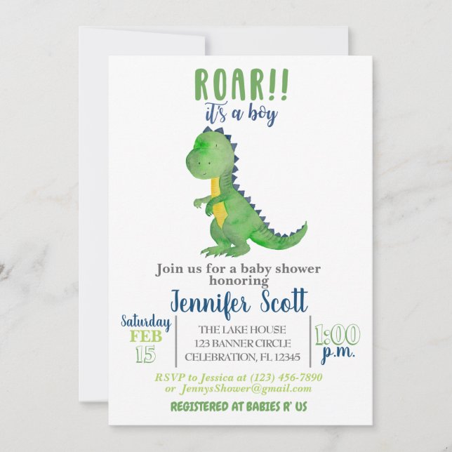 Boy Baby Shower Watercolor Dinosaur Invitation (Front)