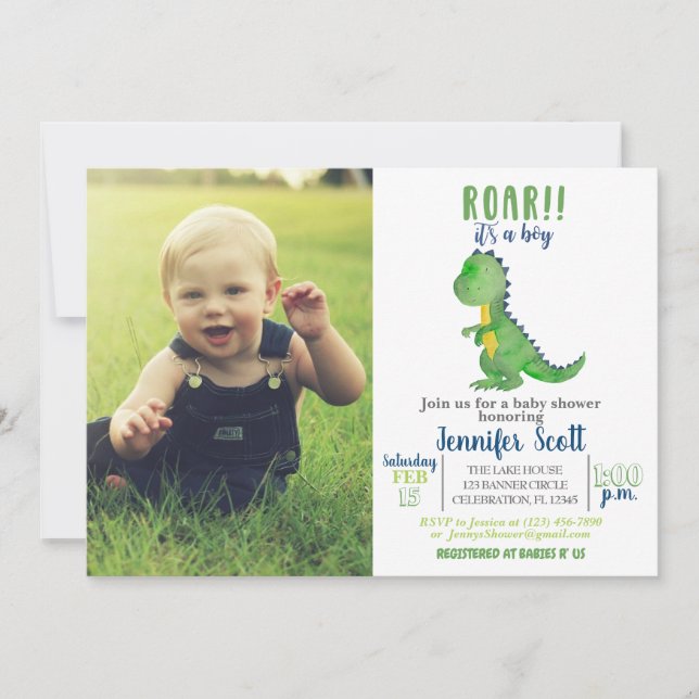 Boy Baby Shower Watercolor Dinosaur Photo Invite (Front)