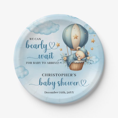 Boy Baby Shower we can bearly wait hot air balloon Paper Plates