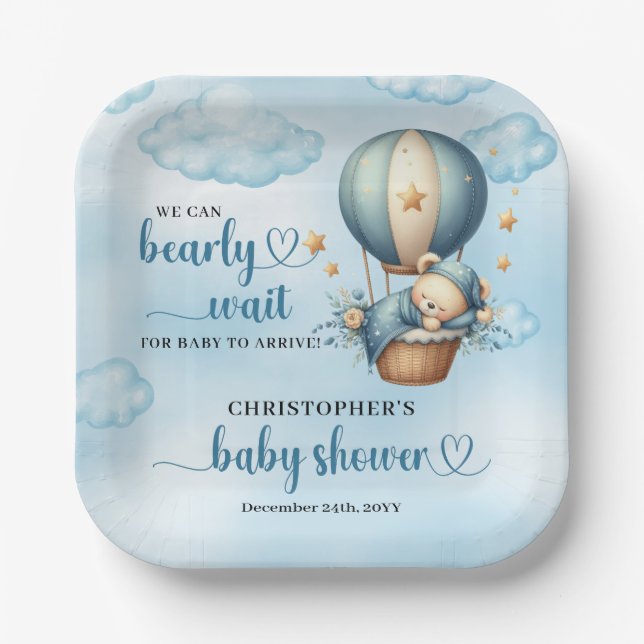 Boy Baby Shower we can bearly wait hot air balloon Paper Plates (Front)