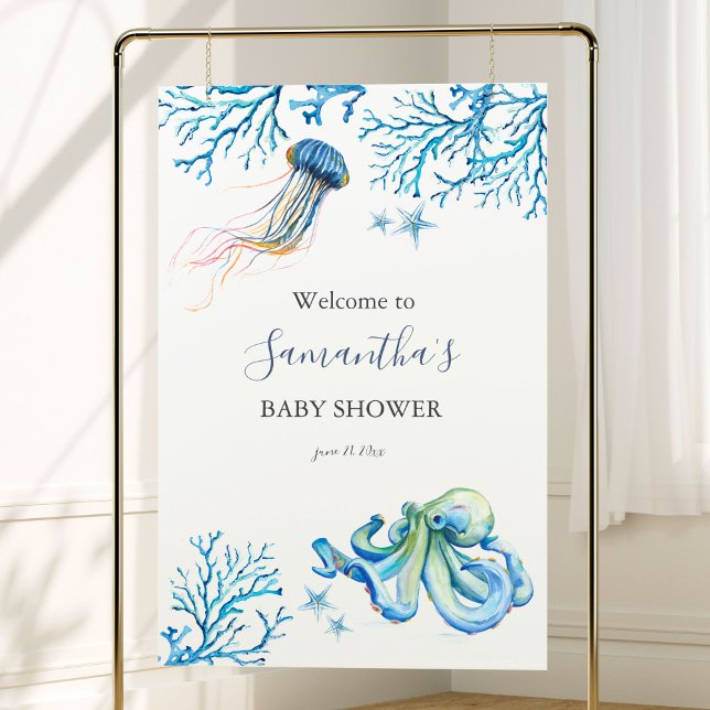 Boy Baby Shower Welcome Sign Under the Sea (Under the sea baby shower posters watercolor ocean art by Victoria Grigaliunas of Do Tell A Belle)