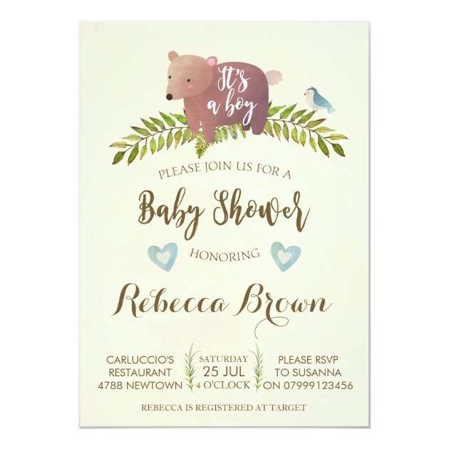 Boy Baby Shower Woodland Forest Bear Cute Invitation