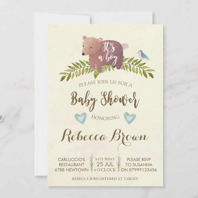 boy baby shower woodland forest bear cute invitation (Front)