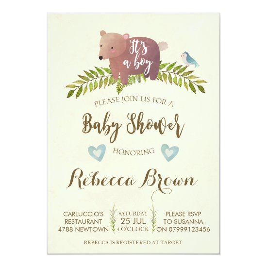 boy baby shower woodland forest bear cute invitation